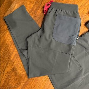 Figs Charcoal and Navy Joggers with Pink Drawstring